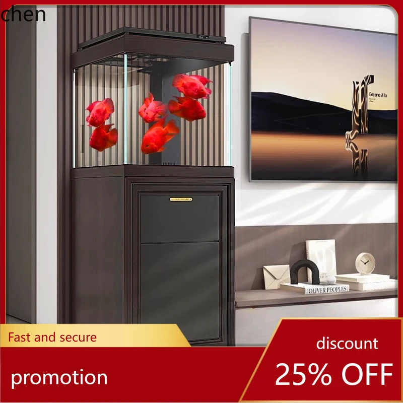 

HT Modern Chinese Style Fish Tank Bottom Filter Ultra Clear Glass Small Square Tank Living Room Medium Ecological Aquarium