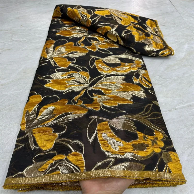 African Brocade Damask Jacquard Luxury Fabric 2024 Yellow Nigerian Floral Gilding Lace Dress Material Women Brocard Tissu 5 Yard