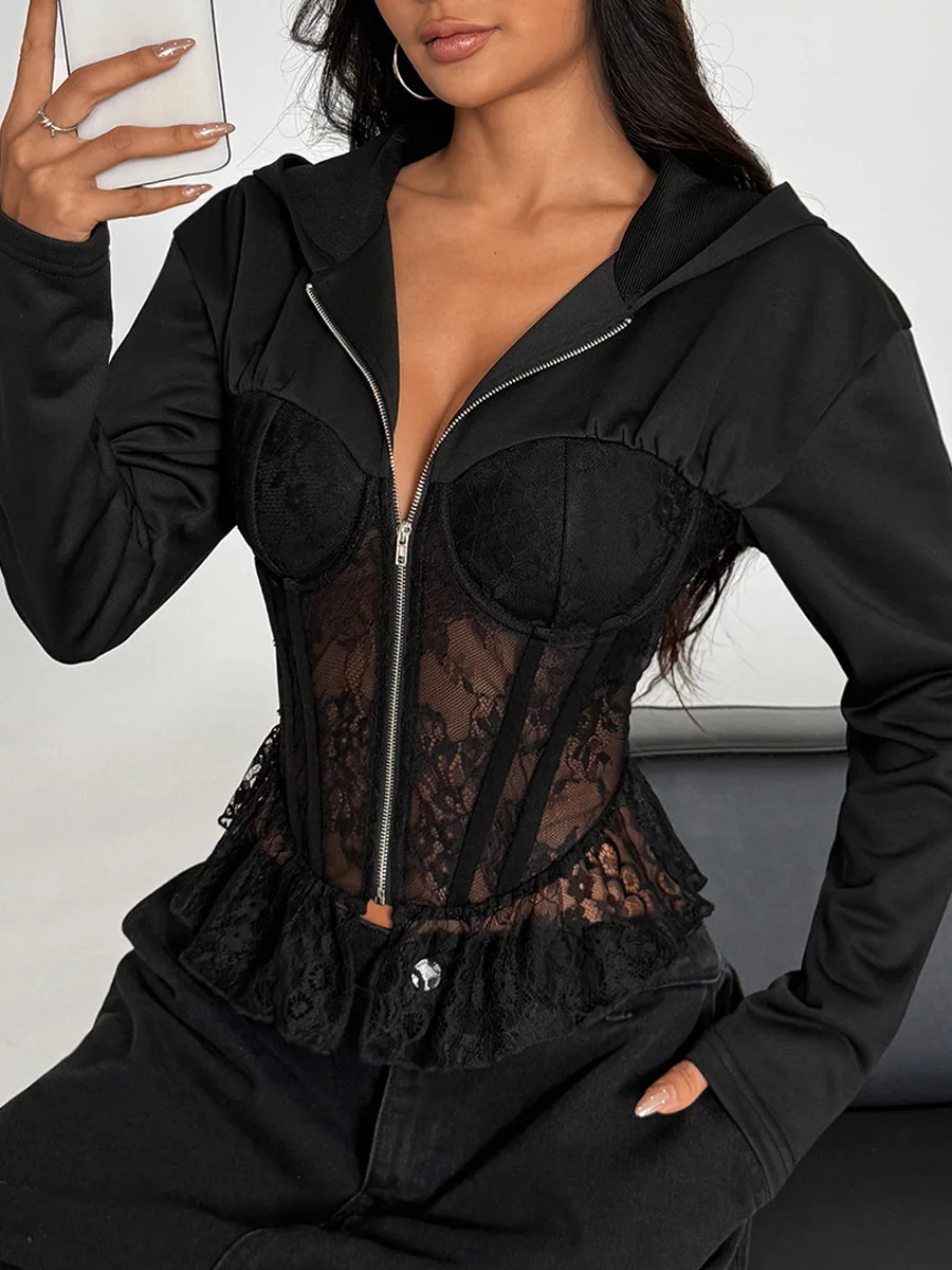 

Street Sle Lace Splice Hoodie Women's Faion Fibone Zipper Jaet High Waist ort Length V-Ne Long Sve T-irt