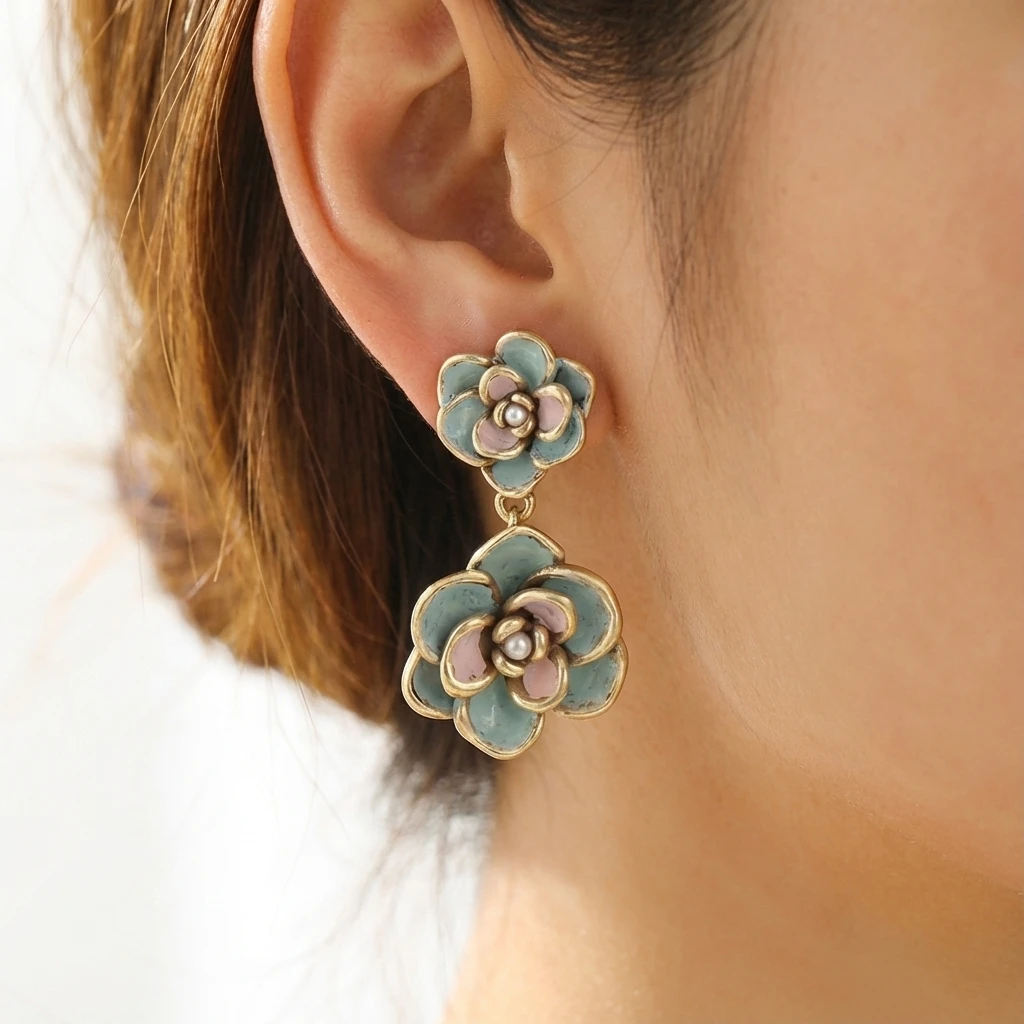 

Vintage Enamel Flower Drop Earrings for Women with 18K Plated Luxury Hypoallergenic Elegant Women Jewelry Hand Made Daily Wear