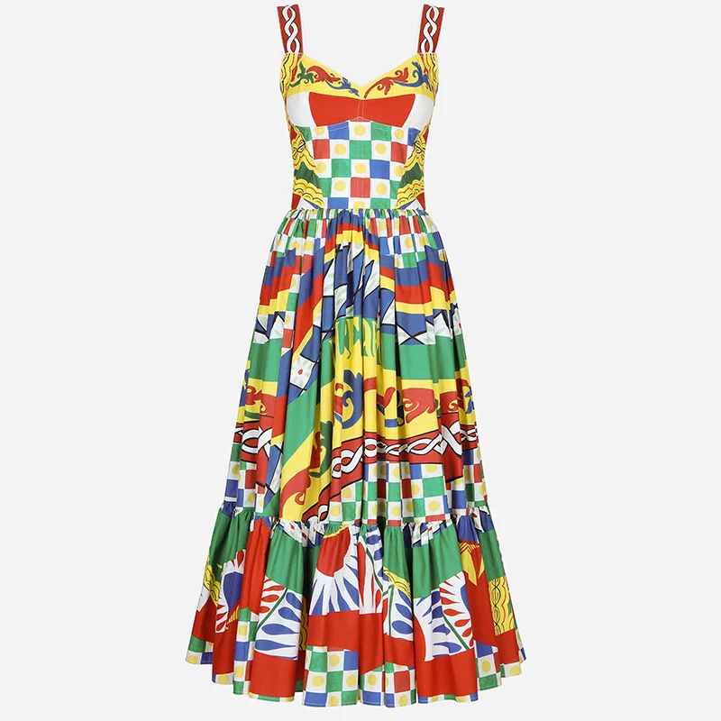 JAMERARY Floral Midi Long Rainbow Stripe Dress Women Fashion Runway Summer A Line Elastic Back Letters Print Vestidos 2023 New