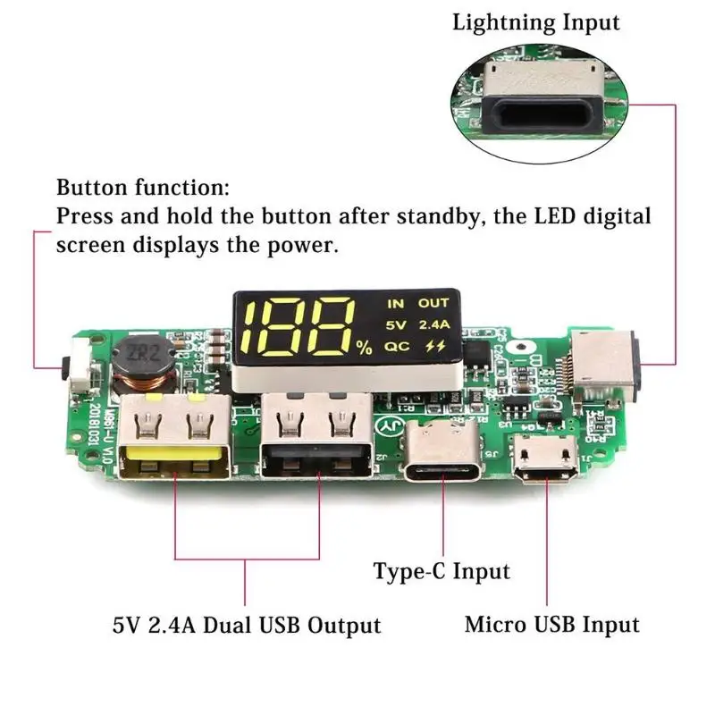 LED Dual USB 5V 2.4A Micro/Type-C USB Mobile Power Bank 18650 Charging Module Lithium Battery Charger Board 2Pcs