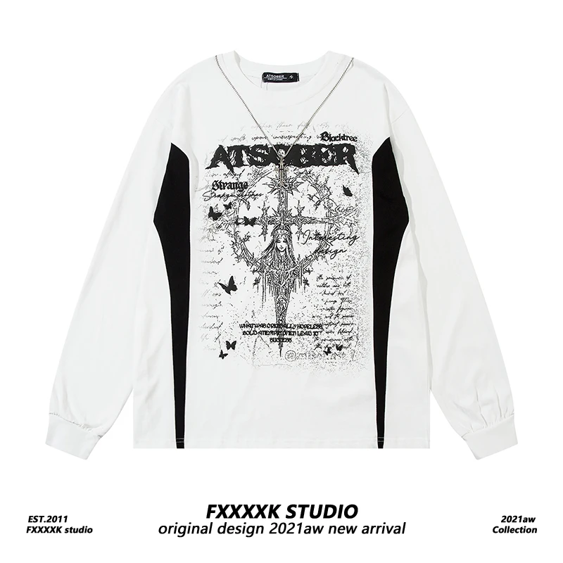 

FXK Original American Retro k Color Printed Long Sve T-irt Loose Thin Base irt for Men And Women Trendy Autumn Wear