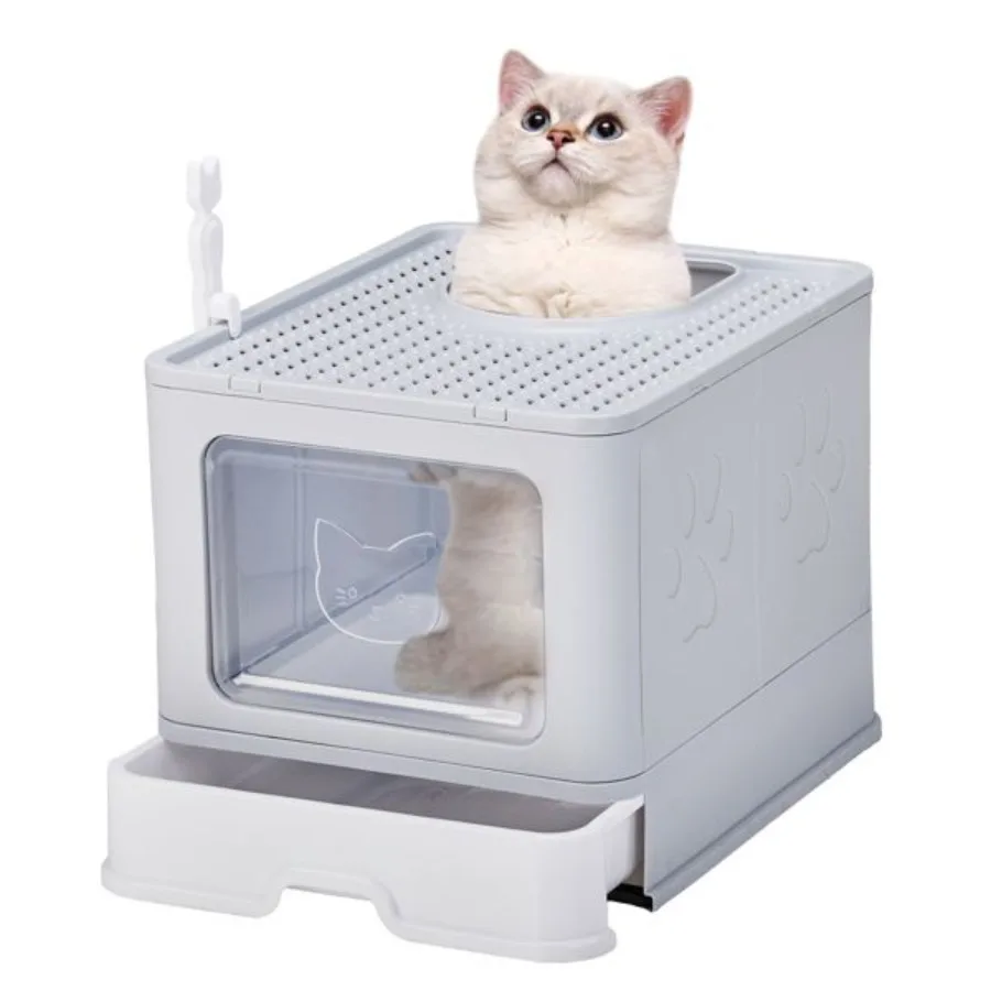 

Large Enclosed Cat Litter Box with Lid Cover Detachable Cat Toilet with Litter Scoop Slide Out Tray Front Entry Top Exit Door E