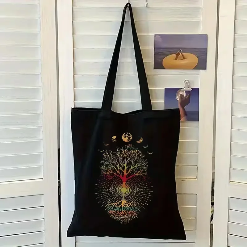 Hands Holding Bible Cross Line Art Print Black Canvas Tote Bag Reusable Shoulder Bag Daily Travel Shopping Gift