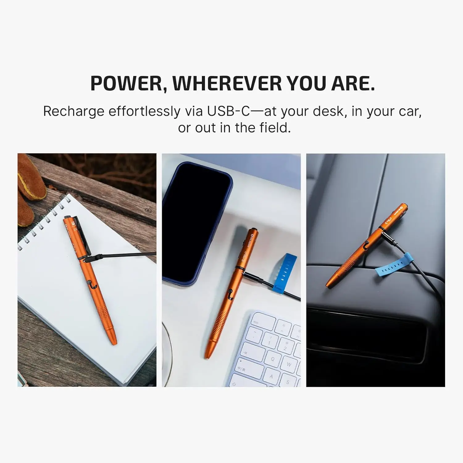 O'Pen 3 EDC Pen Light, haz verde de 120 lúmenes, linterna LED recargable USB-C, naranja