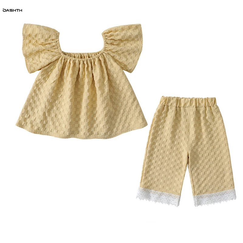 

OASHTH Girls summer suit new children's clothes baby girl nine-point pants two-piece set