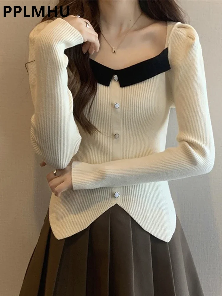 Spring Sexy Slim Women Sweater Casual Long Sleeve Square Collar Short Knit Tops Korean Design Knitwear Jumper Elegant Pullover