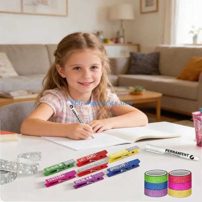 U75B 60Pcs Colorful Wooden Clips With Glittering Tape Rhinestones Sticker For Student
