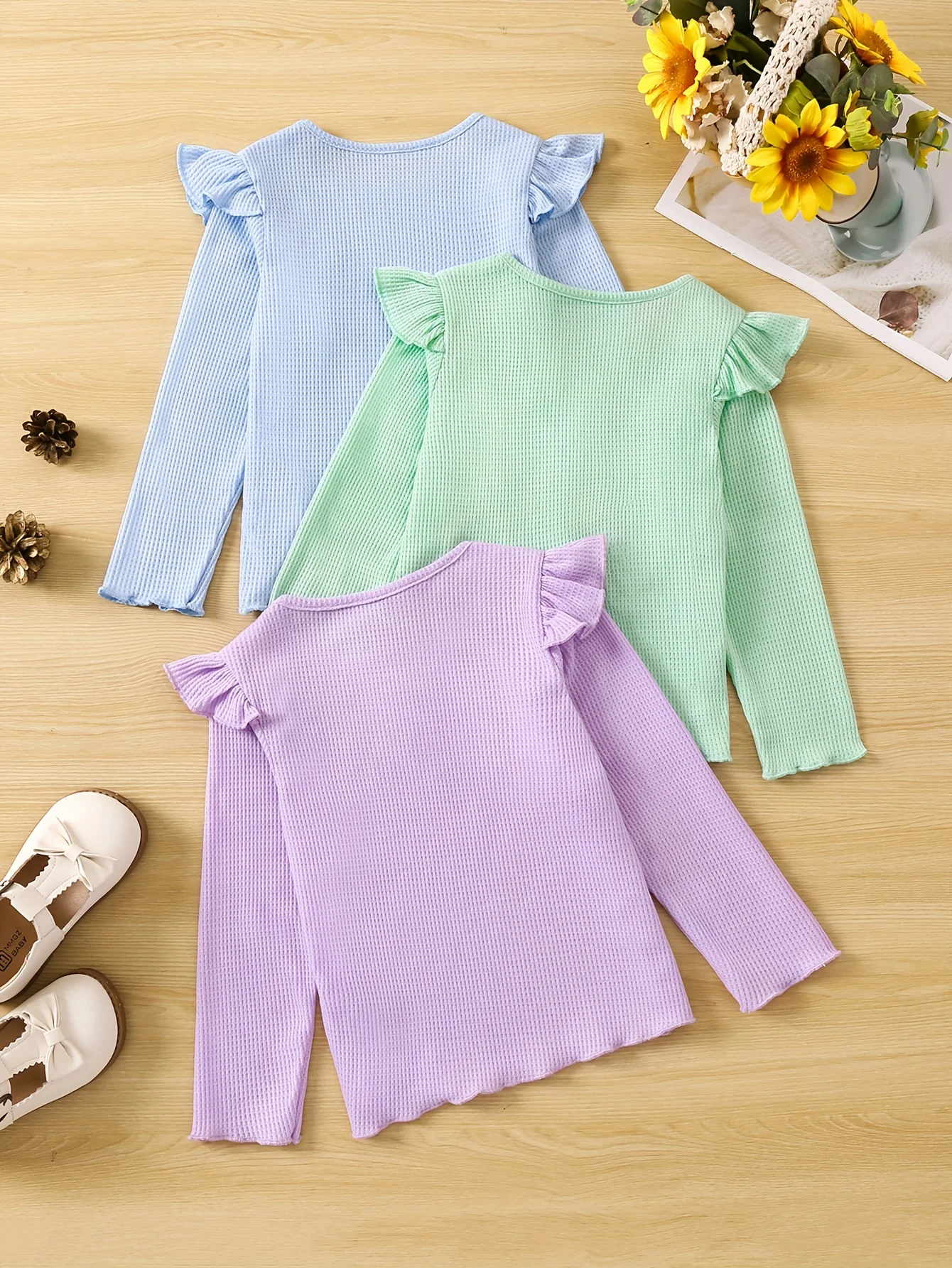 Autumn new casual simple comfortable cute girl three ruffled waffle knitted T-shirt Three-piece set