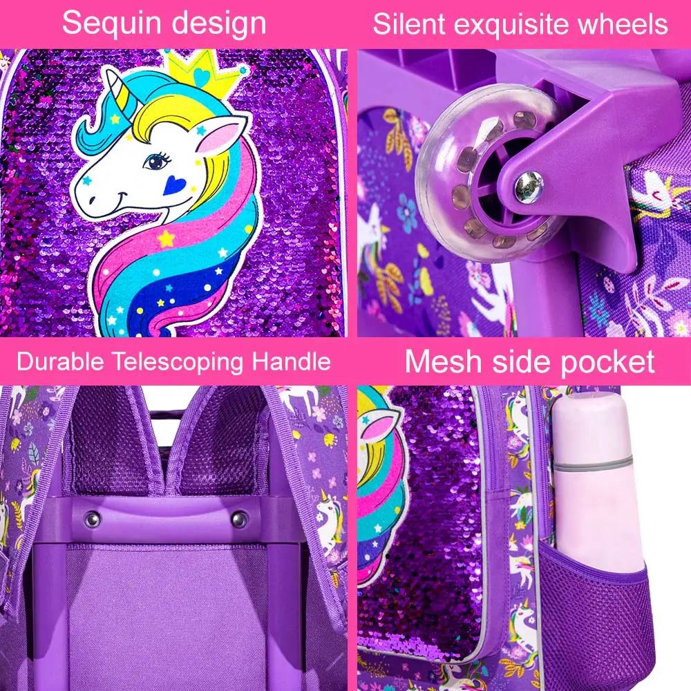 3-Piece Rolling Backpack for Girls and Children Roller Bag with Lunch Bag and Pen Bag Design of Unicorn Pattern Luminous Functio