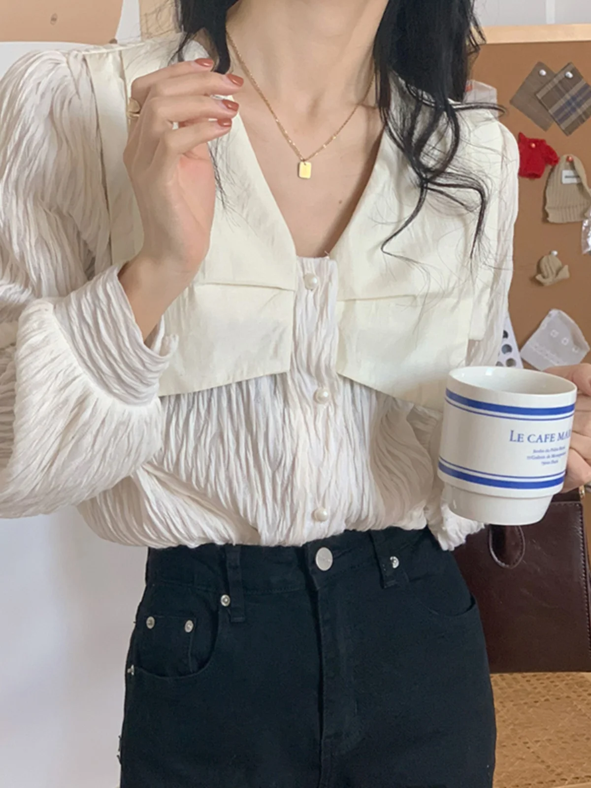 Ele Bla Long Sve V-Ne Women's irt Korean Sle Spring Faion Casual Loose Top  Knot Detail