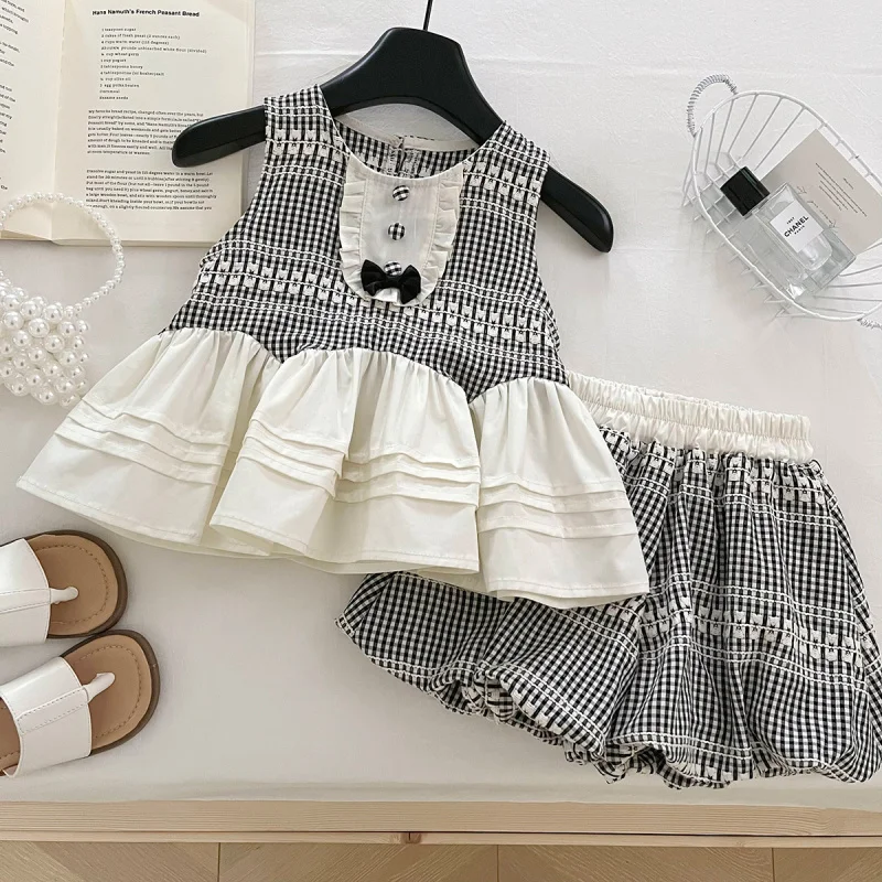 

2025Summer New Fashion Girls' Plaid Sleeveless Tank Dress+Two-piece Shorts Set
