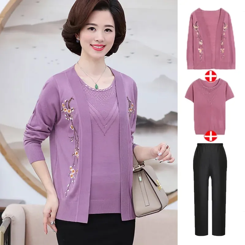 2024 NEW Middle Aged Elderly Women's Spring Summer Autumn Suit Fashion Knitted Cardigan Coat +TShirt Top 2 Pce + Pants 3 Pce Set