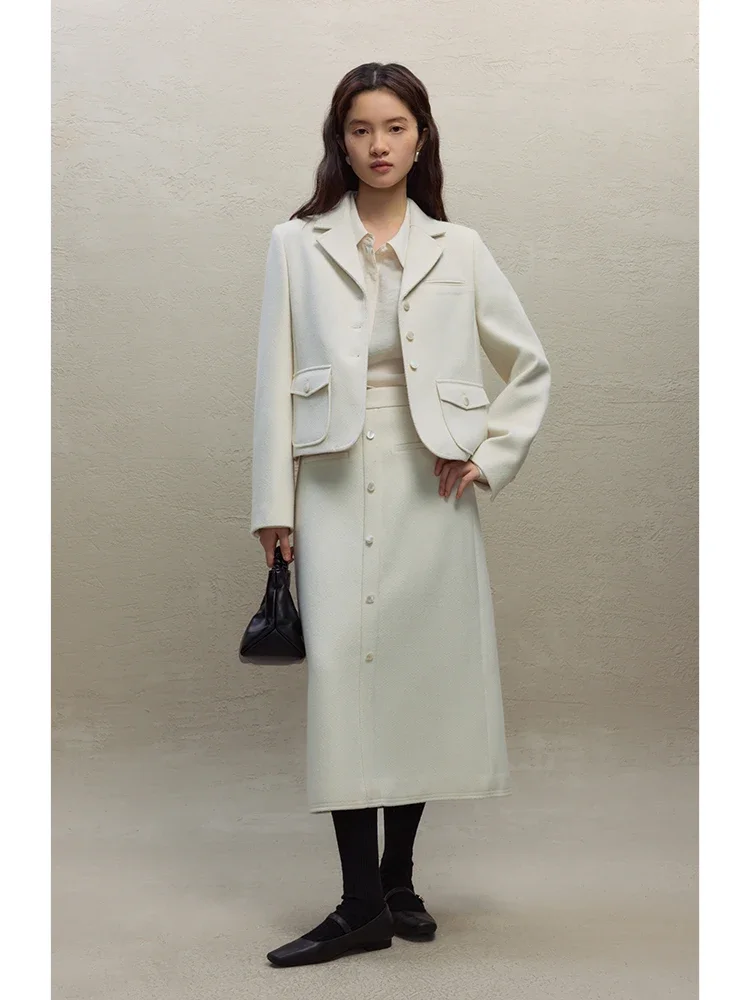 ZIQIAO Front Shoulder White Short Blazer Skirt Set Office Lady Single Breasted Jackets Zipper Waist Long Skirt Women Blazer Suit