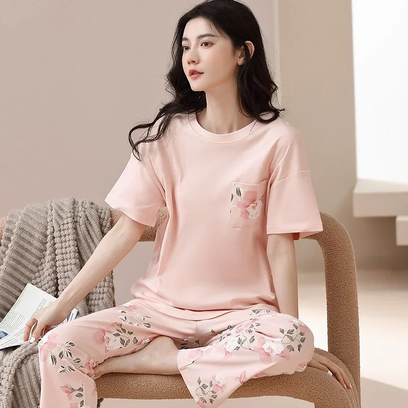 2025 Summer 100% Cotton Short Sleeve Long Pants Pajama Sets for Women Korean Cute Sleepwear Homewear Pijama Mujer Home Clothes