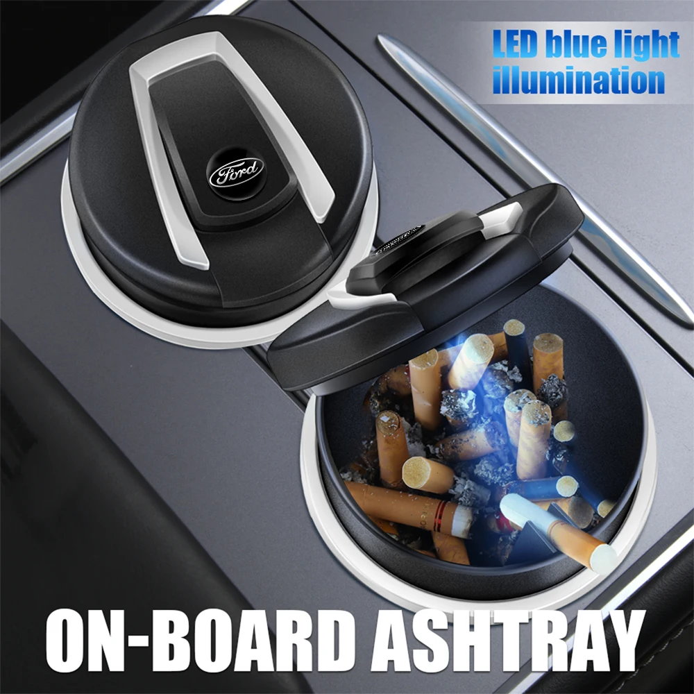 Car Trash Bin Storage Box High Flame Retardant LED Smell Proof Ashtray For Ford Mustang Fiesta Focus2 mk7 mk4 Ranger Kuga Mondeo