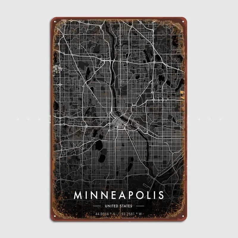 Minneapolis City Map Dark Decoration for Home Decor Items Retro Gaming Room Decoration Poster Metal Wall Art of Murals Mural