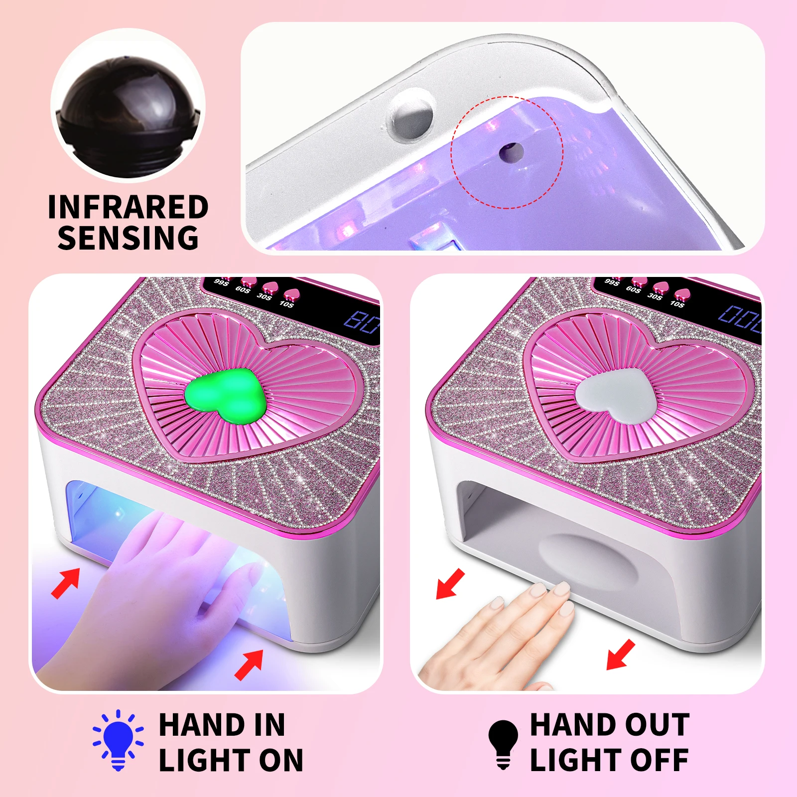 Lampa UV LED do paznokci 45 LED do utwardzania lakierów hybrydowych, suszarka z automatycznym czujnikiem, lampa UV LED do paznokci w kształcie serca.