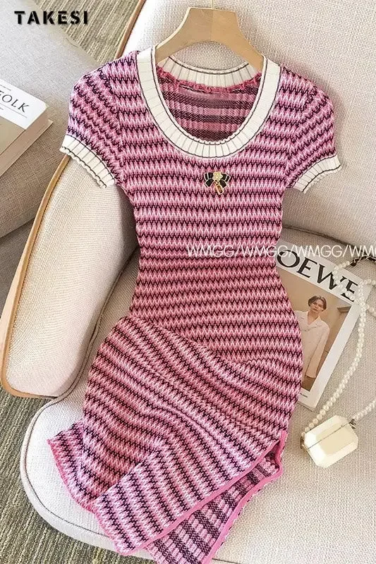 Women Short Sleeve Round Neck Striped Luxury Sheath Mini Dresses 2024 Summer Patchwork High Waist Slim Fit Knitting Dress