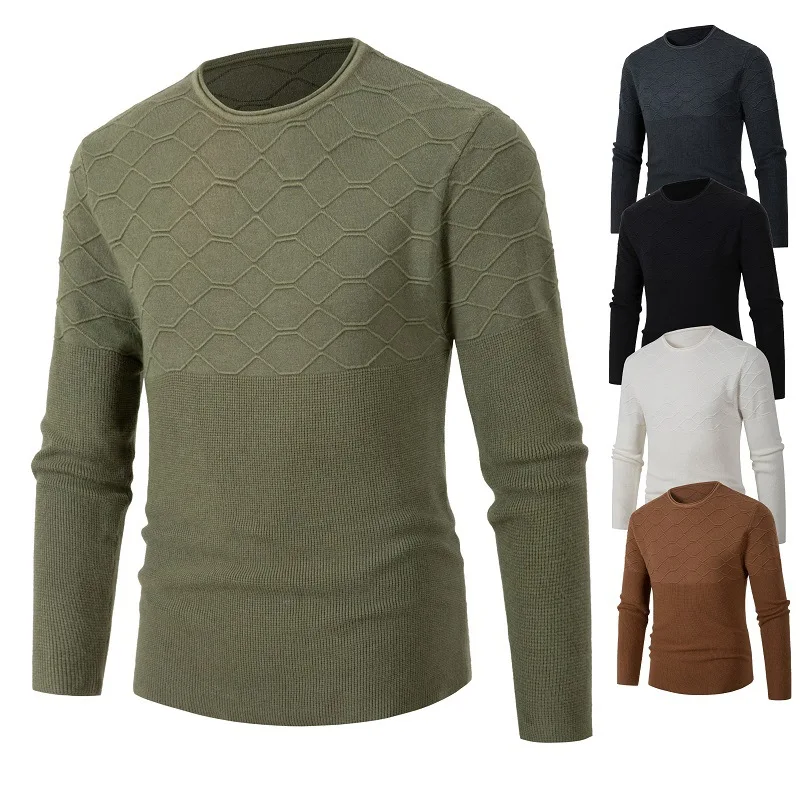 

Autumn and Winter Men's Round Neck Pullover Long Sleeved Sweater Slim Fit and Warm Solid Color