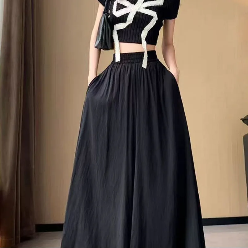Solid Color Spring Summer High Waisted Shirring Women's Elastic Pockets Casual Loose Wide Leg Baggy Korean Fashion Sweatpants