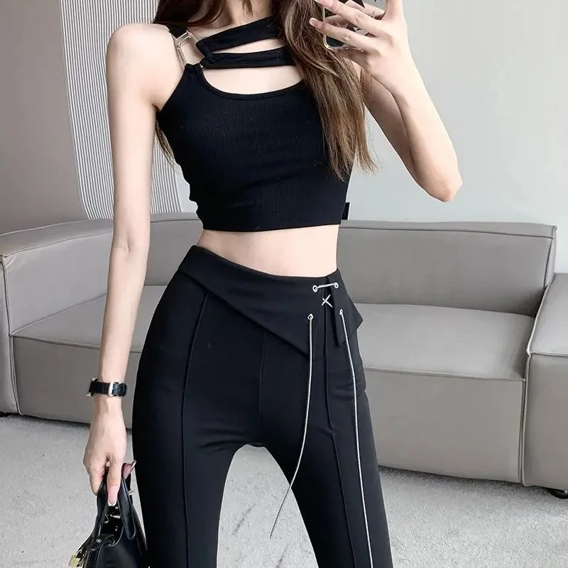 Pantaloni da donna svasati solidi Pantaloni da abito a catena Pantaloni neri lunghi di alta qualità Moda coreana Estetica casual Novità in pantaloni femminili elastici