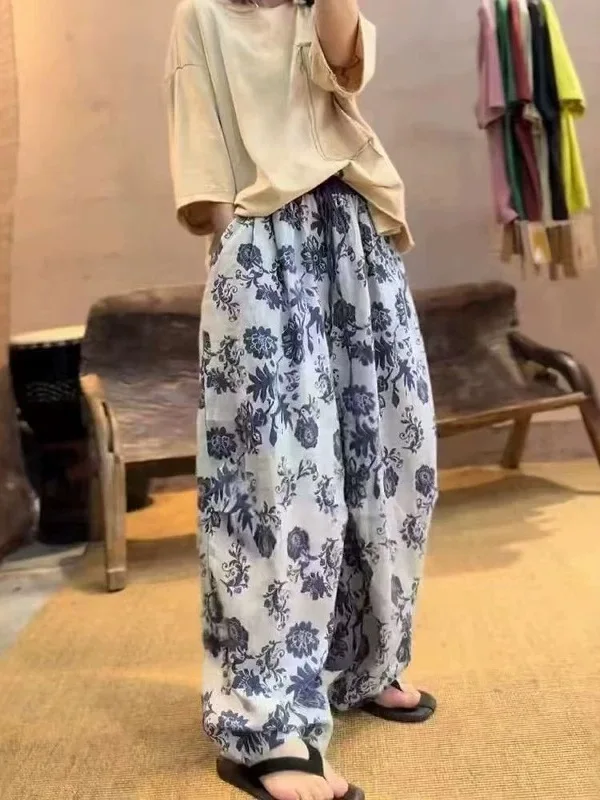 الرجعية طباعة القطن الكتان بنطال ذو قصة أرجل واسعة المرأة Faionable بناطيل كاجوال صيف جديد عالية الخصر التخسيس Ele الترفيه السراويل #1