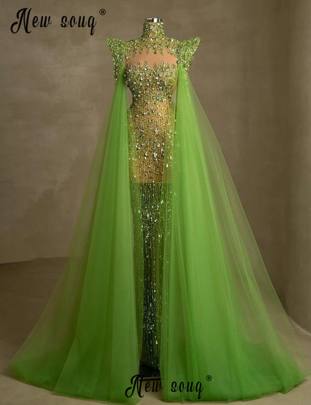 Lime Sparkle Beaded See Through Evening Dress Long Tulle Cape Sleeves Party Dresses Women Dubai Fashion  Special Occasion Gowns