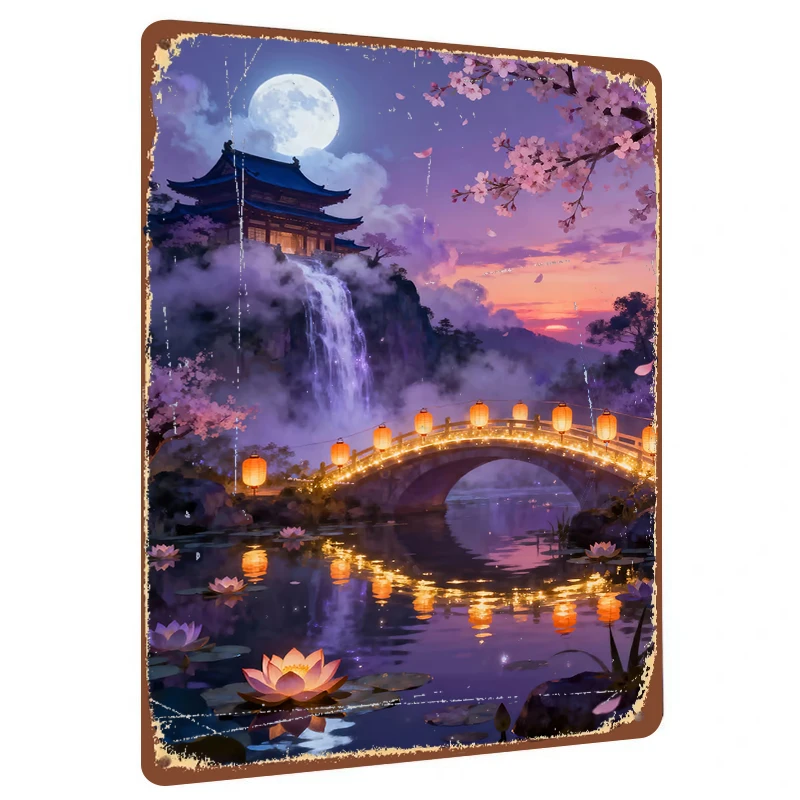 Ancient Chinese Landscape Waterfall Night Scene Metal Iron Painting Home Decor Wall Art for Living Room Study