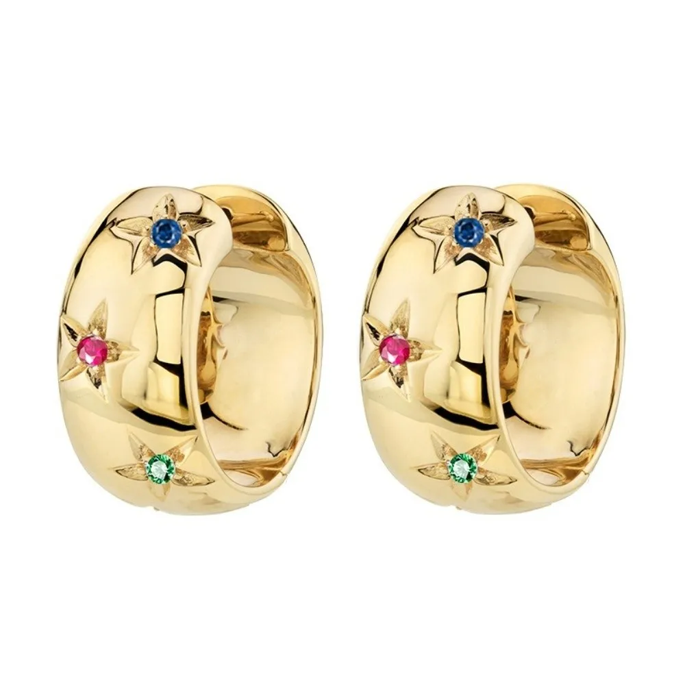 1Pair Crystal Embellished Chunky Hoop Earrings Star Accents Chunky Profile Crystal Hoop Earrings Hinged Closure Polished Finish