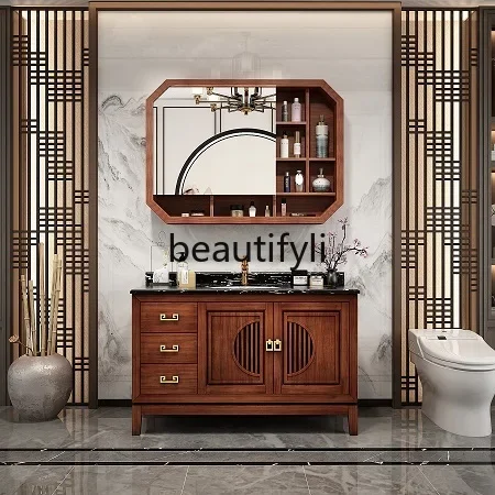 

Bathroom New Chinese Solid Wood Bathroom Cabinet Combination American Washbasin Hand Wash Toilet Washbasin Double Basin