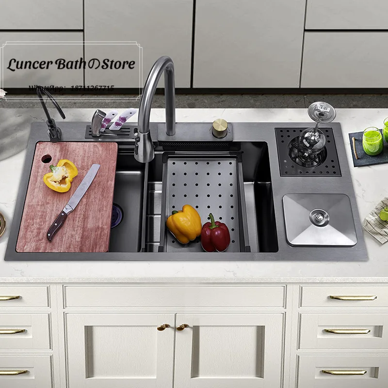 Stainless steel single bowl sink with trash can