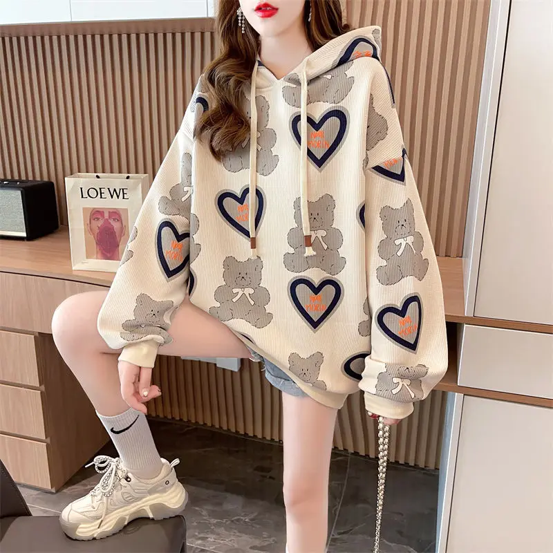 Autumn Winter Casual Korean Cartoon Printed Hoodies 2023 Women\'s Clothing Fashion All-match Long Sleeve Sweatshirts for Female