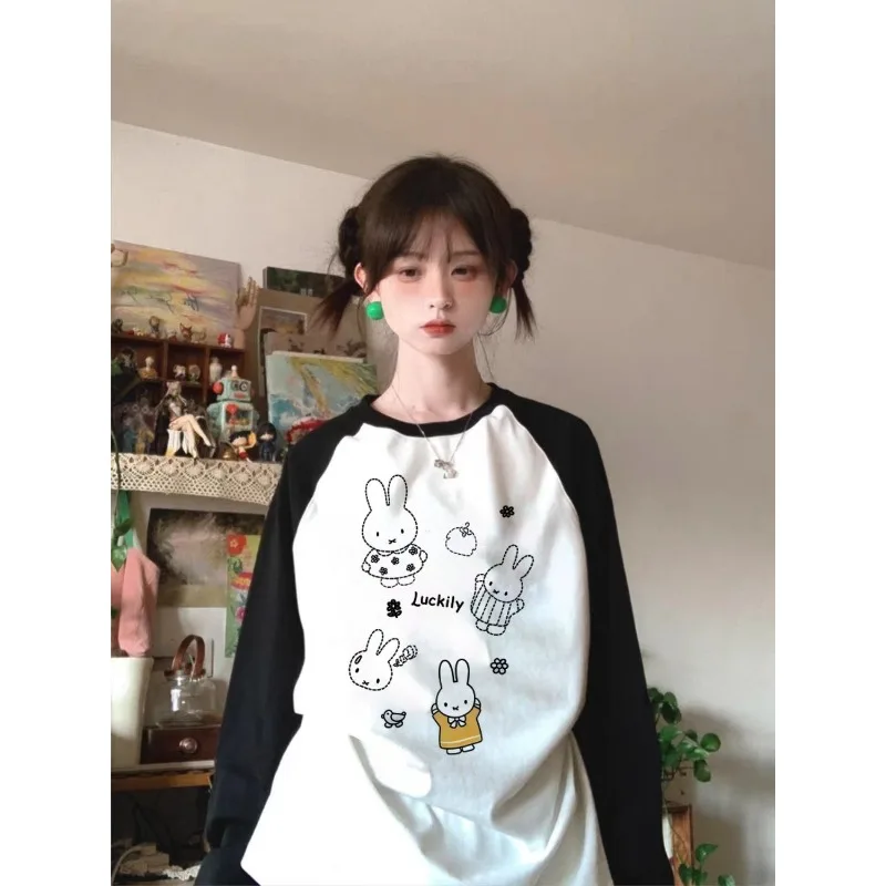 

New Kawaii Miffy Cartoon Fashion T-shirt Autumn Long Sleeve Student Cute Miffy Rabbit Printed Casual Bottom Shirt Top Girl Gift