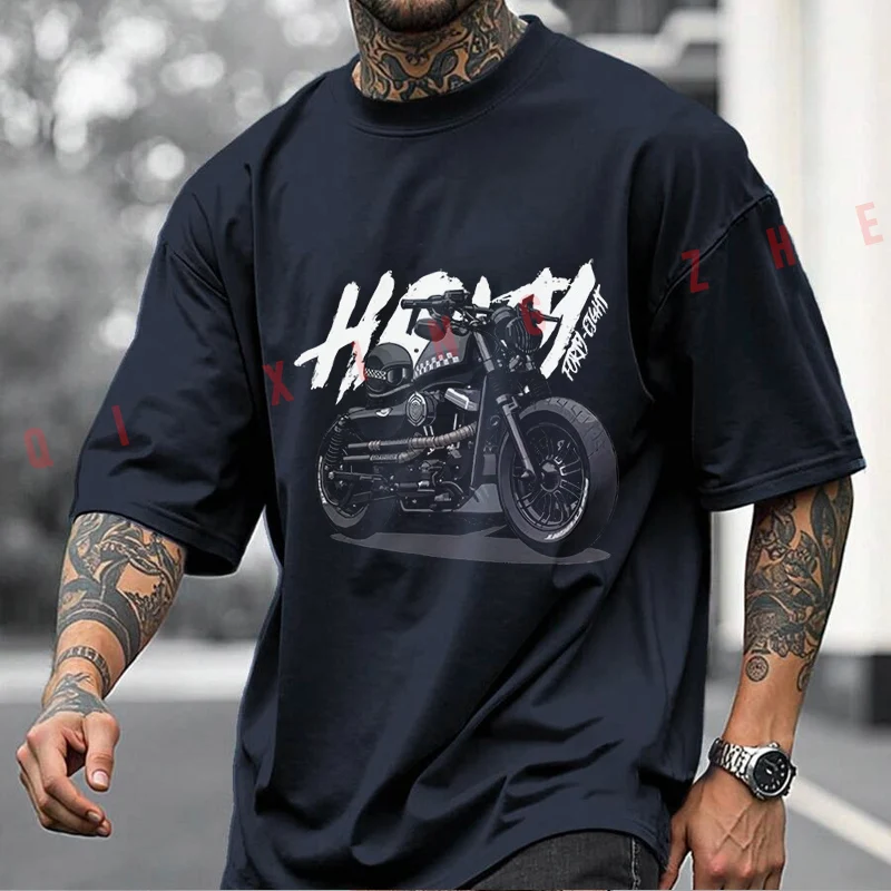 Retro Motorcycle Cruise Heavy Locomotive Printed Moto Men's And Women's T-shirt Cotton Casual Short-sleeved O-neck Tshirt