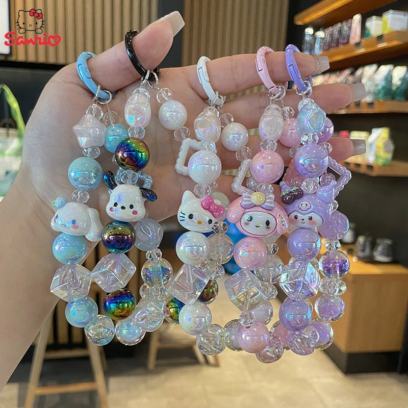 Sanurgente-Porte-clés perlé avec pendentif pour sac à dos, étui mobile pour fille, cadeau mignon, téléphone, Johello Kitty, Cinnamoroll, ma mélodie, Kuromi Pochacco