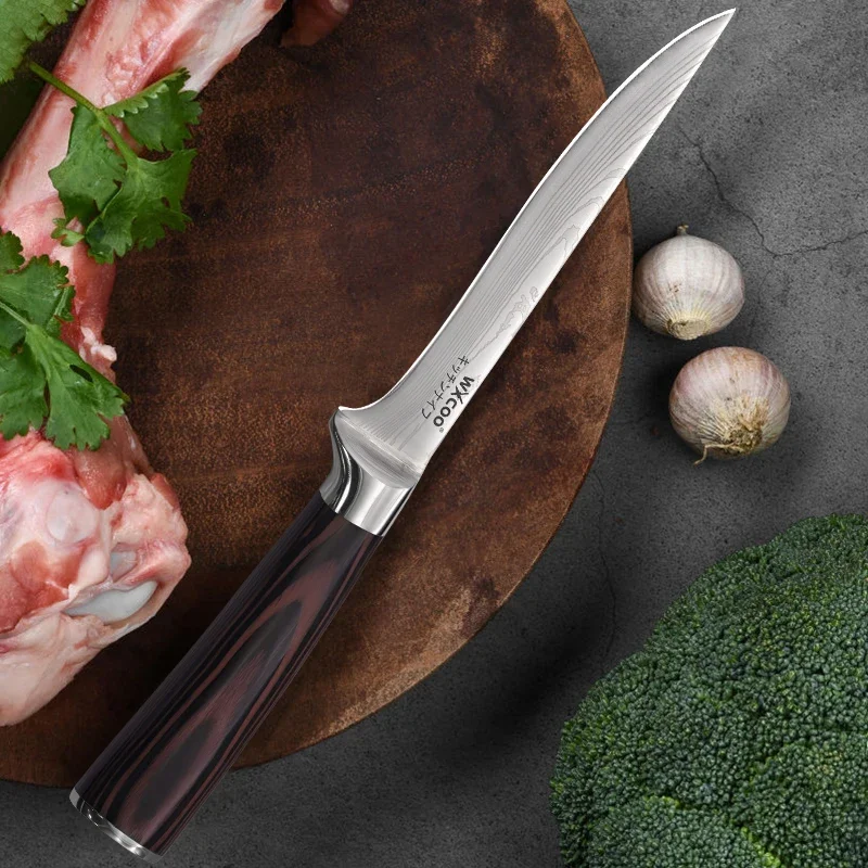 WXCOO Stainless Steel Damascus Kitchen Knives Fish Fillet Cleaver Fruit Slicing Utility Knife Japanese Santoku Knife Roll Bag