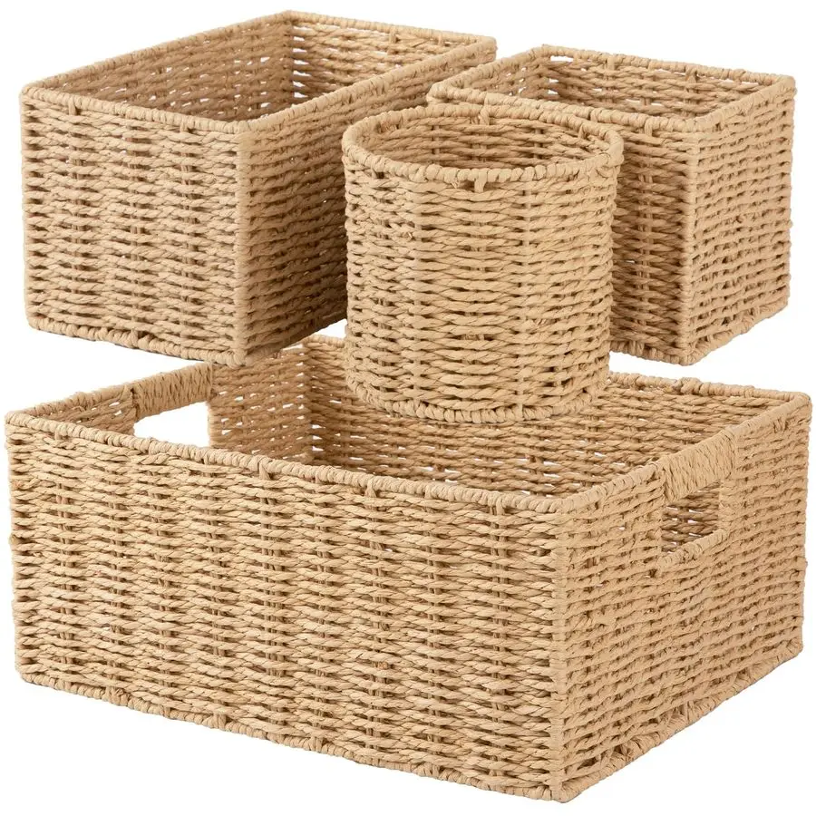 

Плетеные корзины для организации хранения, набор больших и маленьких корзин для полок, плетеные вручную контейнеры для хранения, органайзеры для дома из бумажной веревки, набор из нескольких штук