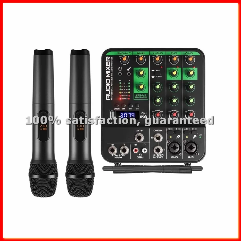 

Аудиомикшер с 2 беспроводными микрофонами, 4-канальный UHF USB, эффект задержки и повторения, звуковая микшерная консоль для записи на ПК EU-A31R