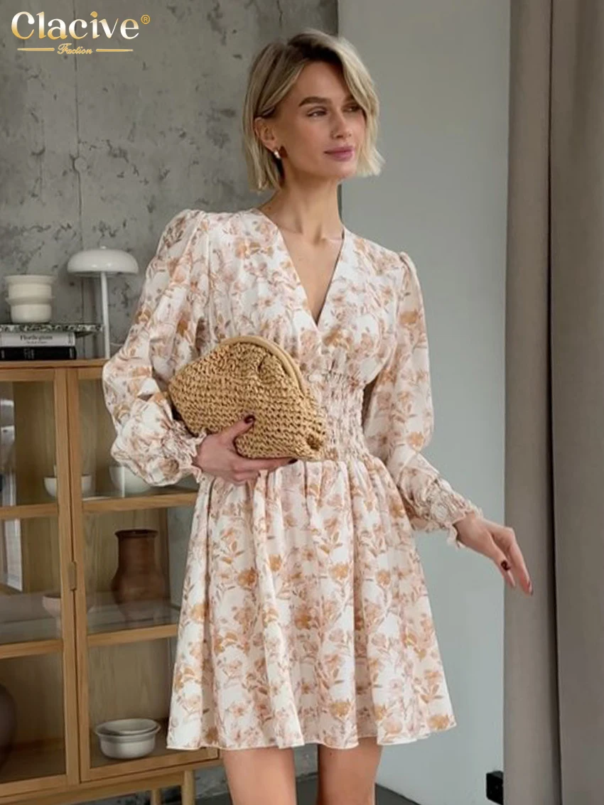 

Clacive Fashion Loose Print Women's Dress Sexy V-Neck Long Sleeve Mini Dresses Elegant Classic High Waist Pleated Female Dress