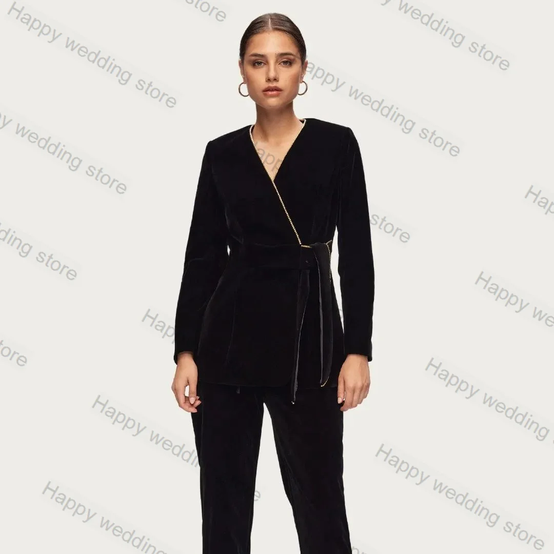 Schwarze Samt Frauen Anzug Hose Set 2 Stück Blazer Hose mit Gürtel formelle Abschluss ball Hochzeit Smoking V-Ausschnitt maßge schneiderte Jacke Mantel