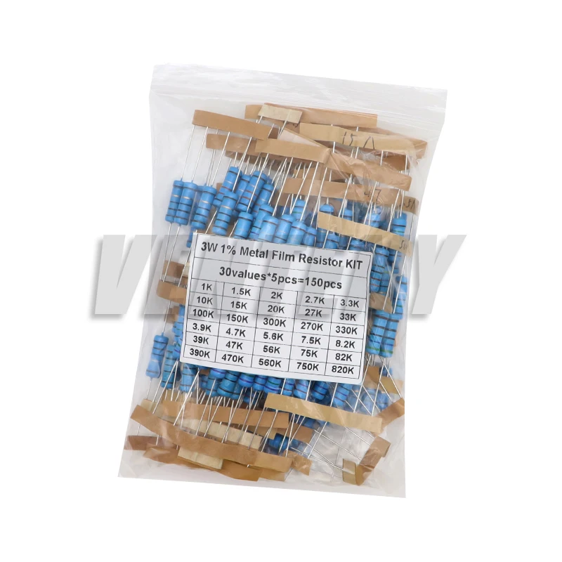 150PCS 300PCS 1/2W 1W 2W 3W Resistance 1% Metal Film Resistor Assortment Kit Set 30values 1R~750R 1K~820K Ohm