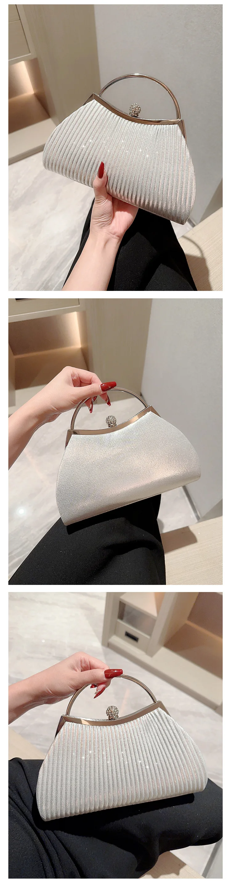 Luxury Evening Purse Clutch Bag for Wedding party wrinkle clutch bag champagne dress evening handbag with metal handle for women