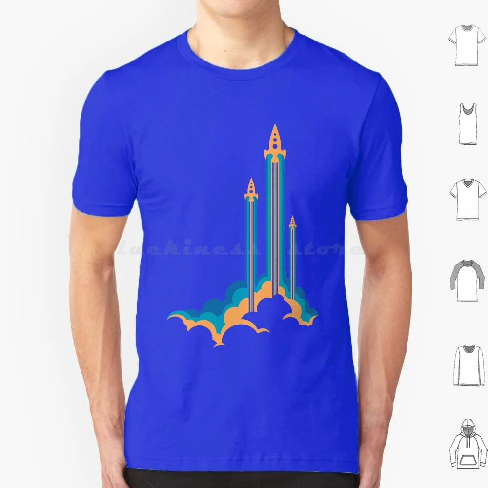 Lift-Off Iii T Shirt Cotton Men Women DIY Print Retro Vintage Rockets Space Spaceships Clouds Blue Orange Yellow Vector Takeoff