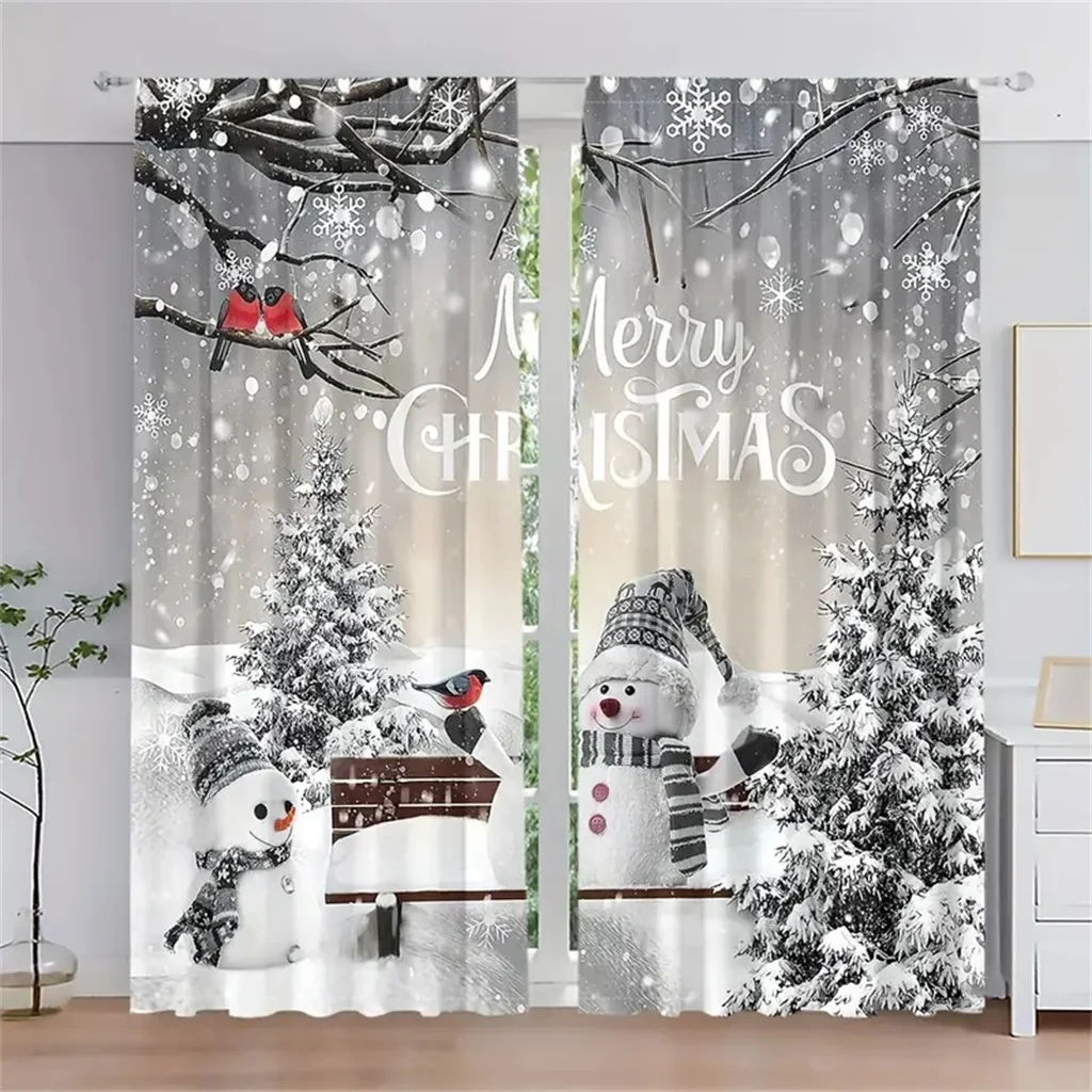 

2pcs Festive Christmas Curtain Set-Snowman Pine Tree Design Polyester Rod Pocket, Machine Washable forLiving room Bedroom Study