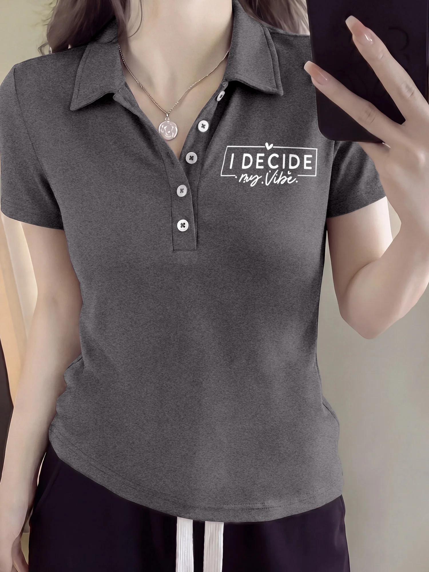 I Decide My Vibe Frame Script Print Women Short Sleeve Polo Shirt Lapel Slim Daily Casual Tops