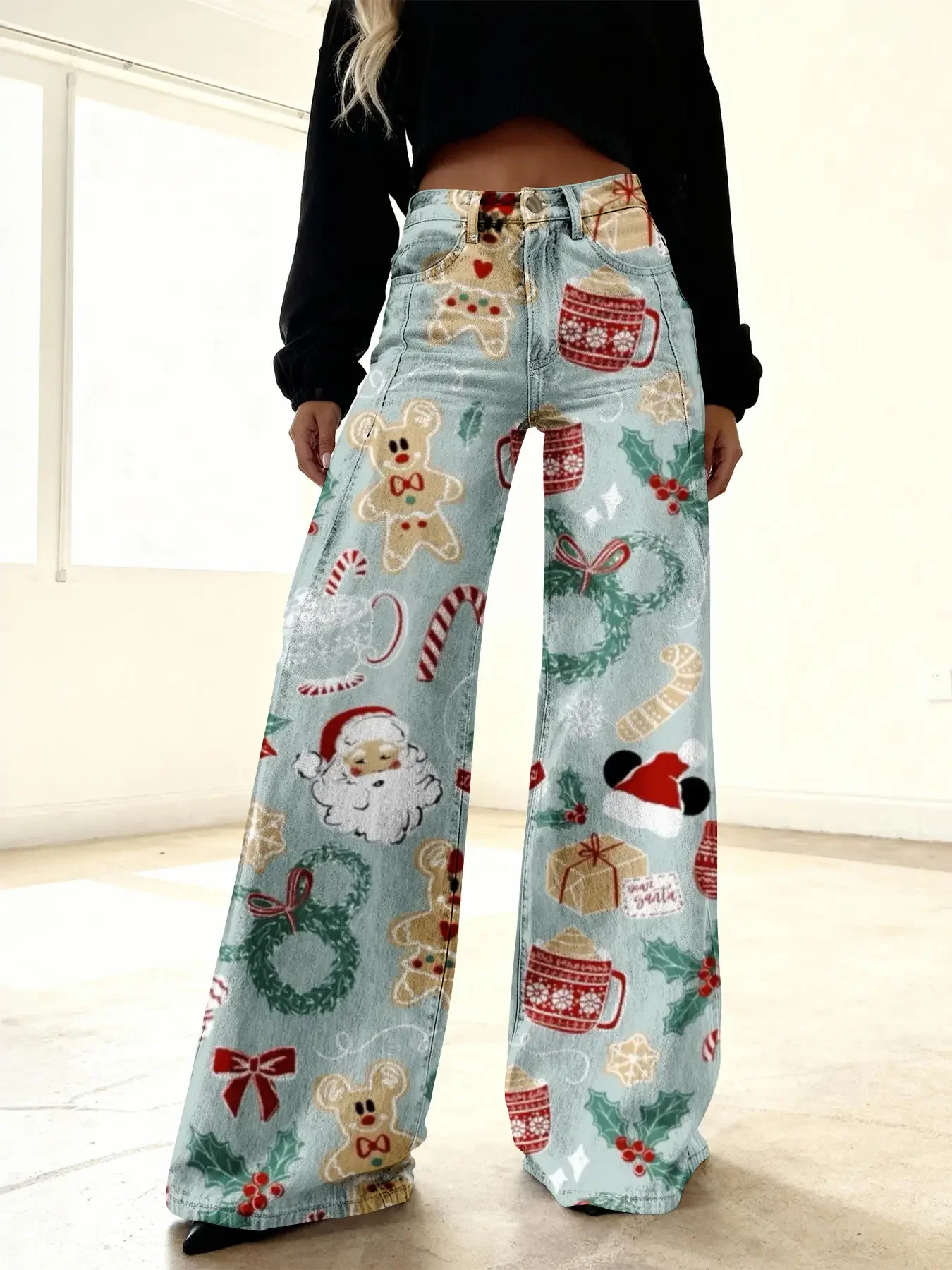 Ladies' imitation denim pants lollipop house snowflake bow pattern autumn/winter 3D pattern
