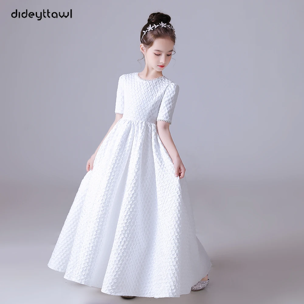 Dideyttawl Customized White Puff Skirt Elegant Flower Girls Dress For Wedding Party Short Sleeves Concert Junior Bridesmaid Gown