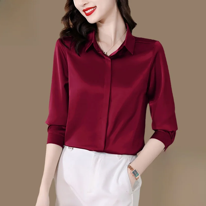 Ele Long Sve Silk irt Damen Premium Quali Satin Top Profional Sle Herbst Frühling Neues Design Kragen Po...